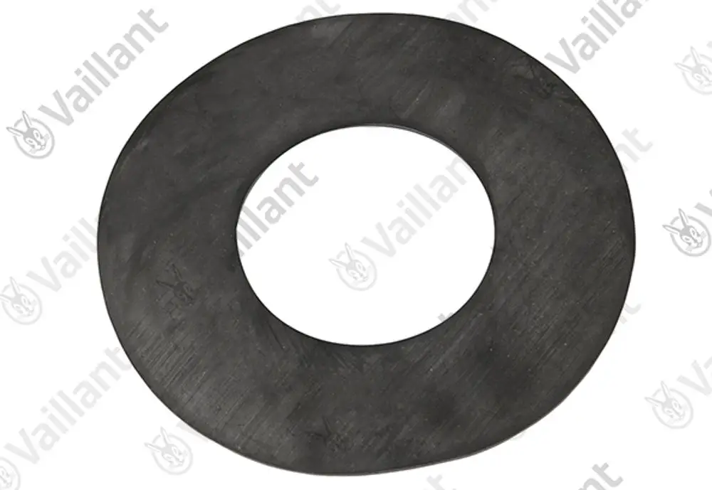 Schwarze Dichtung aus EPDM-Material, ringförmig mit zentralem Loch, für technische Anwendungen, präsentiert das Vaillant Logo.